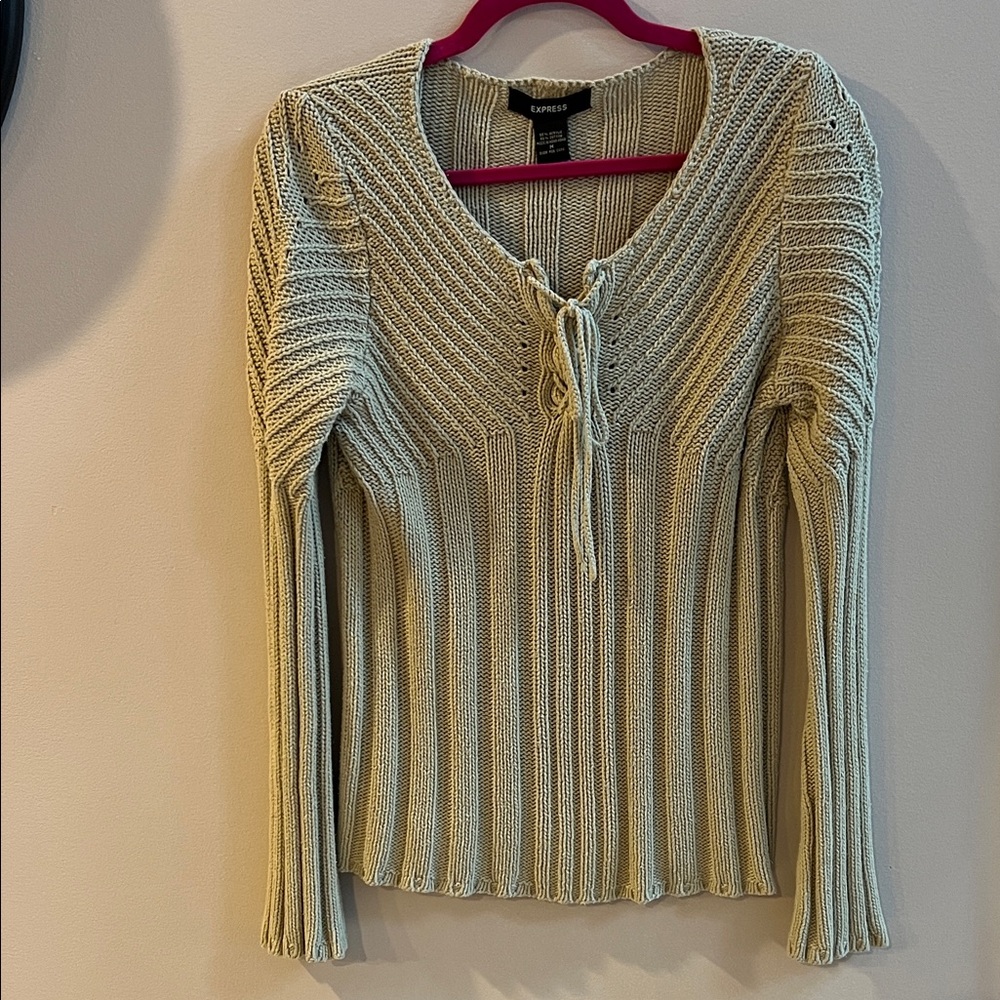 Express Beige/Taupe Knit Sweater with Lace-Up Detail & Bell Sleeves